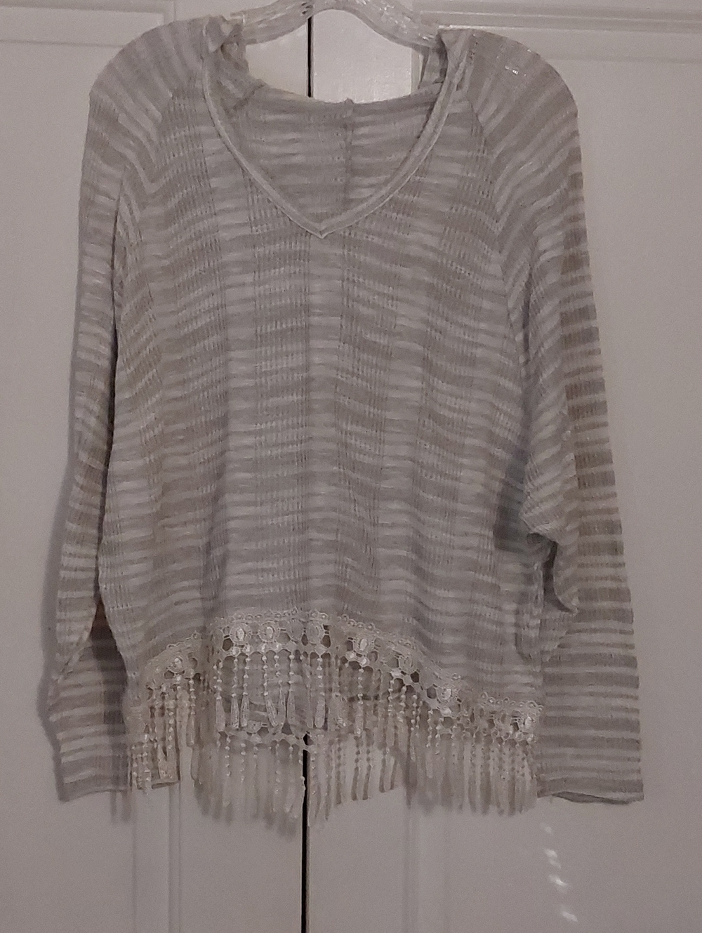 Poof! Light Gray Striped V-Neck Fringe Hem Pullover